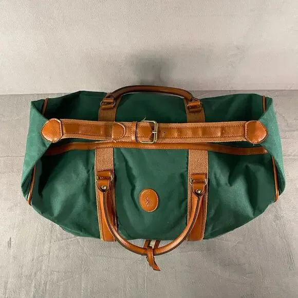 Vintage Ralph Lauren Polo Green Canvas Large Duffle Bag Weekend Travel Carry On - Picture 7 of 12